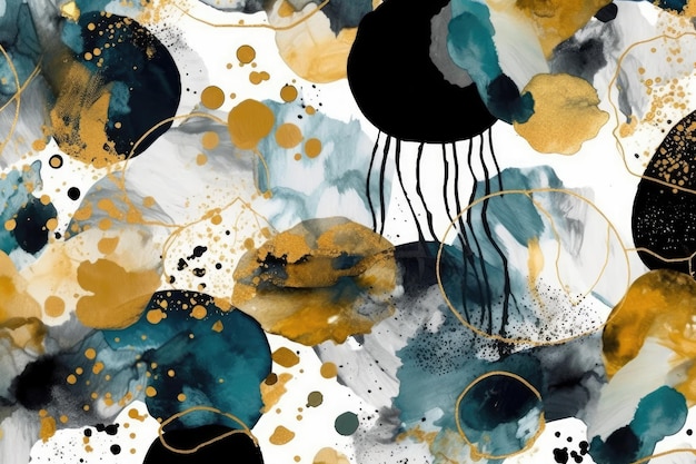 An abstract painting with black and yellow circles Generative AI