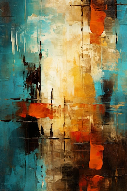 An abstract painting with a blue background and orange and blue colors.