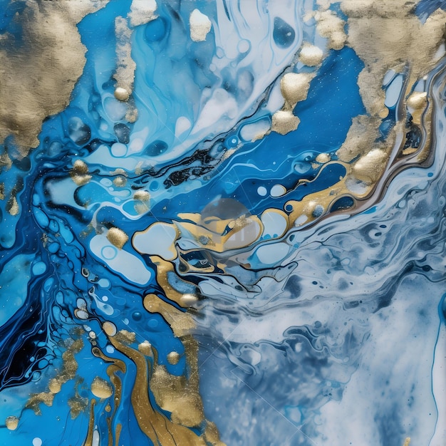 An abstract painting with blue and gold colors.