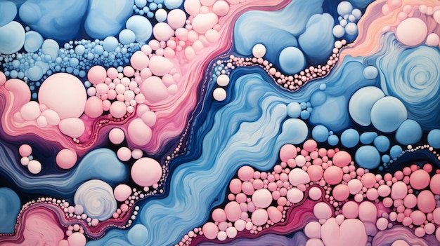 an abstract painting with blue and pink bubbles