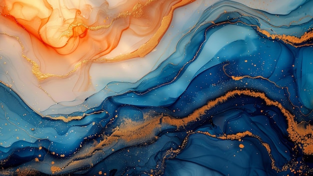 An abstract painting with brown blue and gold colors in alcohol ink on a marble background