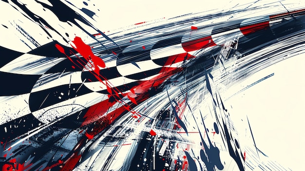 Photo abstract painting with a checkered flag the painting is in black white and red the checkered flag is in the background