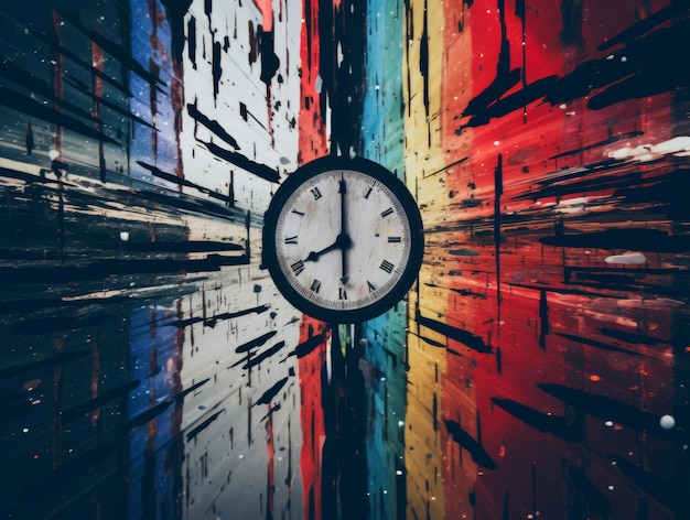 an abstract painting with a clock on it