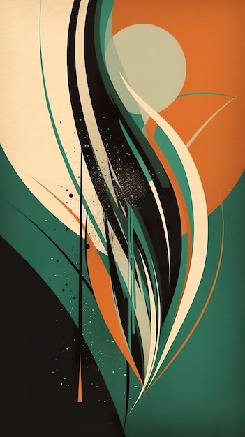 Photo abstract painting with curvy lines in green black and orange ai generative