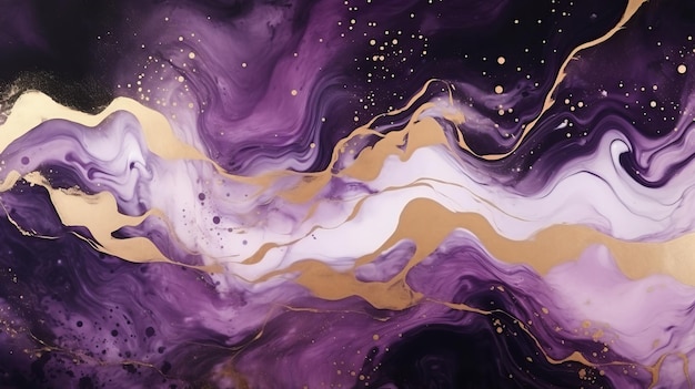 An abstract painting with gold and purple colors