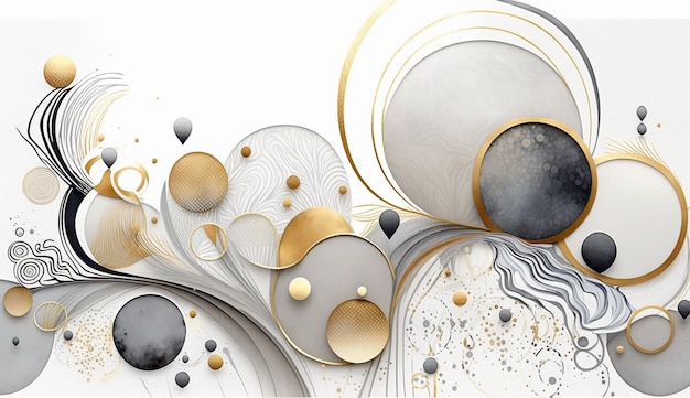 An abstract painting with gold and silver circles.
