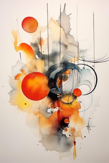 An abstract painting with orange and black circles and the word " on it. "