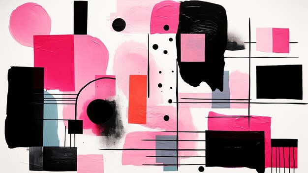 an abstract painting with pink black and white shapes