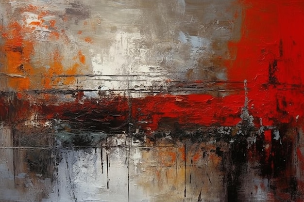 An abstract painting with red and white colors and black and white.