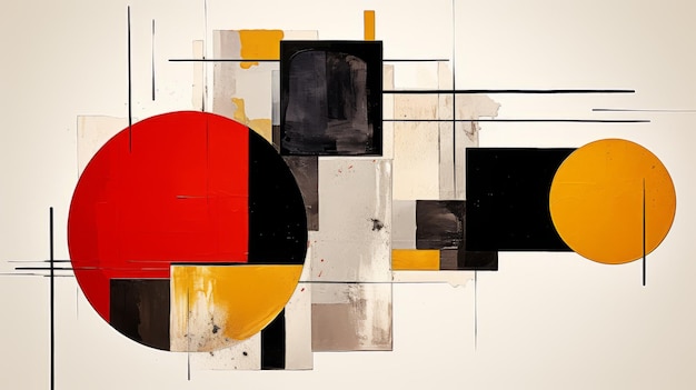 an abstract painting with red yellow and black shapes