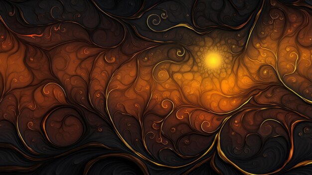 an abstract painting with swirls and orange and black colors