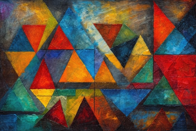 An abstract painting with vibrant colored shapes set against a black backdrop