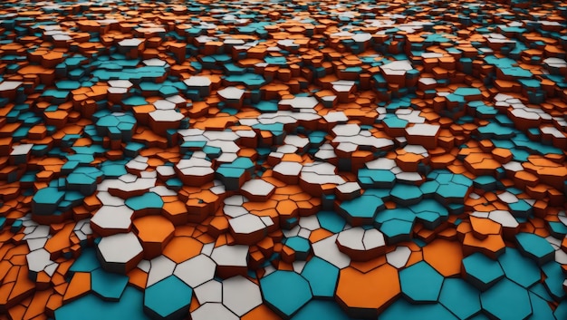 An abstract painting with vibrant orange blue and white hexagonal shapes