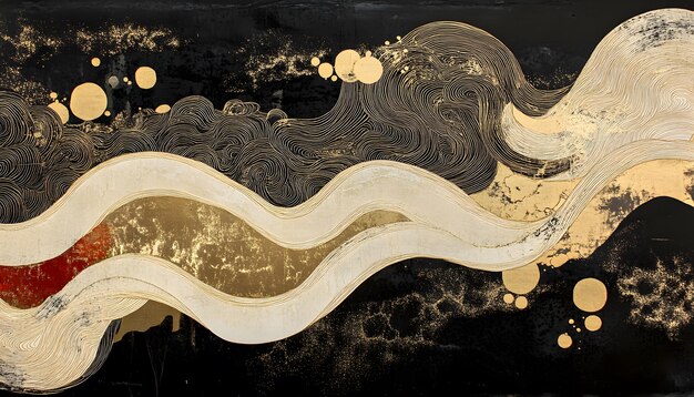 abstract painting with white and gold swirls on a black background