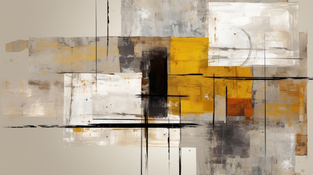 an abstract painting with yellow black and white colors