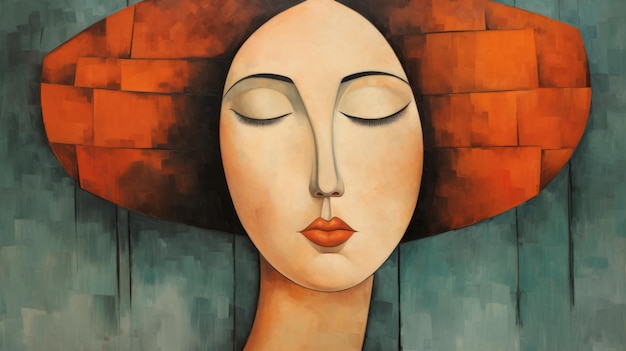 Abstract Painting Of Woman With Orange Head In Soft Cubism Style