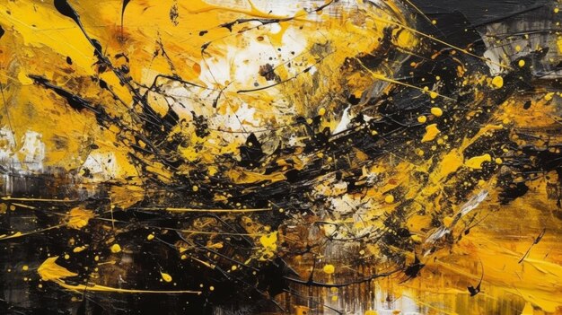 Abstract painting of yellow and black paint on a black background generative ai
