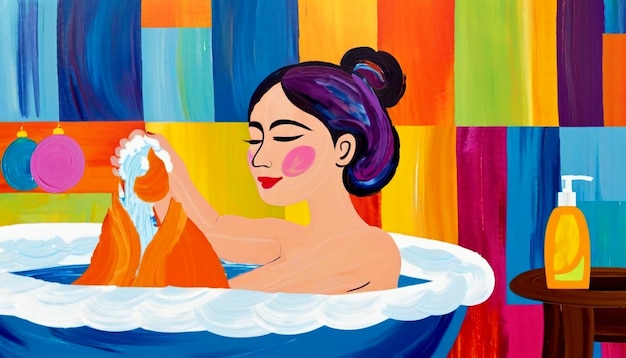 Abstract painting of a young woman bathing in a bathhouse