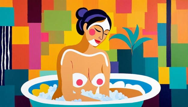 Abstract painting of a young woman bathing in a bathhouse