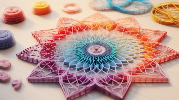 Foto pannello astratto fatto di carta colorata fatta scorrere in riccioli e rotoli quilling banne