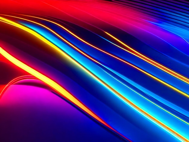 Abstract panoramic background of curvy dynamic neon lines glowing