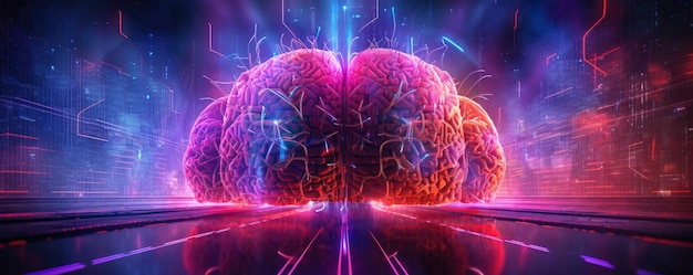 Abstract panoramic depiction of stylized artificial intelligence brain against a radiant neon ruby