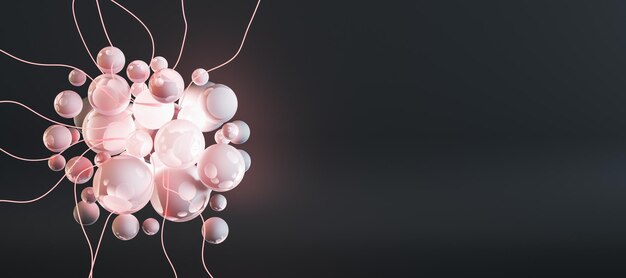 사진 모의 장소 의학 및 생물학 개념 3d 렌더링을 사용하여 어두운 배경에 있는 분홍색 미생물 또는 뉴런의 추상 파노라마 이미지