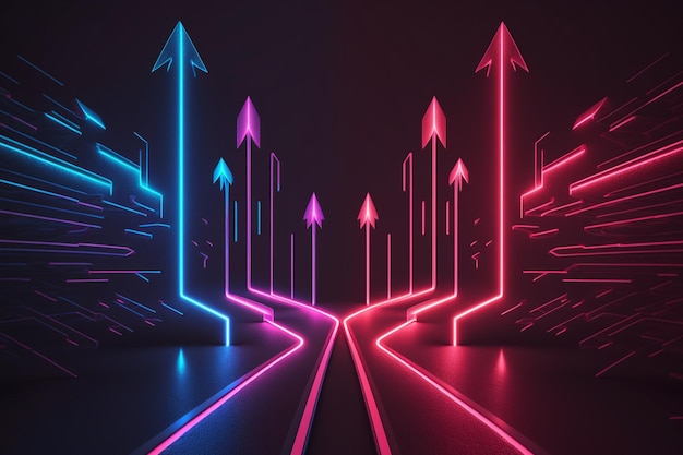 абстрактный панорамный розовый синий красный неоновый фон со стрелками, указывающими направление вперед Generative AI