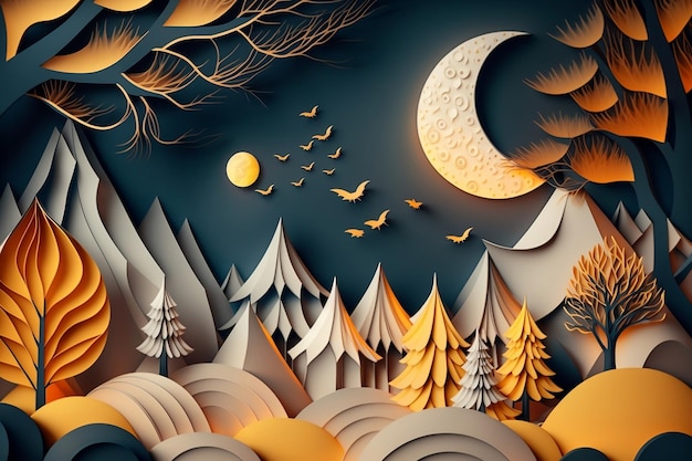 Abstract Paper Art with Origami Shapes Waves and Layers Texture Geometric Design Layout with a Fairytale Autumn Forest Moonlit Night Generative AI