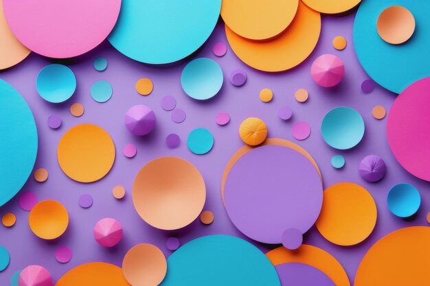 Abstract paper craft shapes in bright colors and photorealistic lilac background