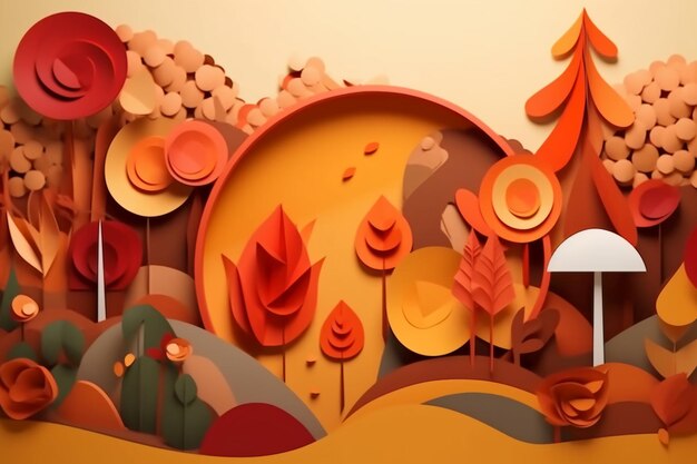 An abstract paper cut out collage of a autumn elements in the colors of brown orange yellow and gr