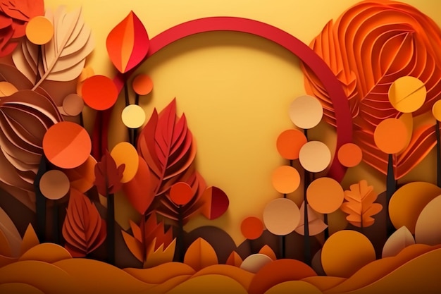 An abstract paper cut out collage of a autumn elements in the colors of brown orange yellow and gr