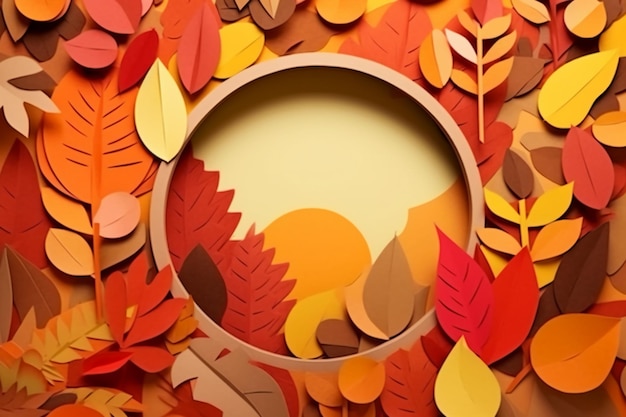 An abstract paper cut out collage of a autumn elements in the colors of brown orange yellow and gr