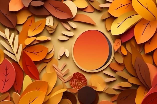 An abstract paper cut out collage of a autumn elements in the colors of brown orange yellow and gr