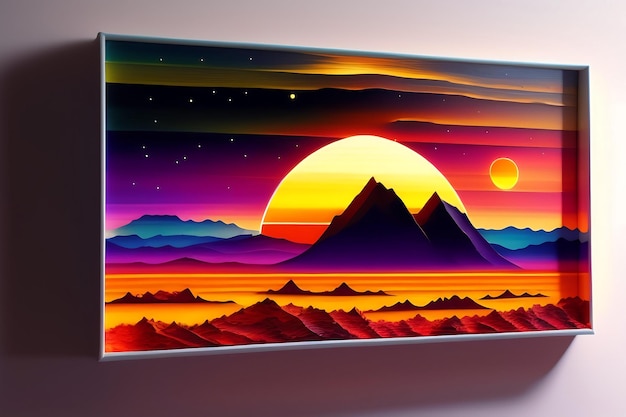 Abstract paper cutout landscape alien forest on the moon Setting sun over a planet