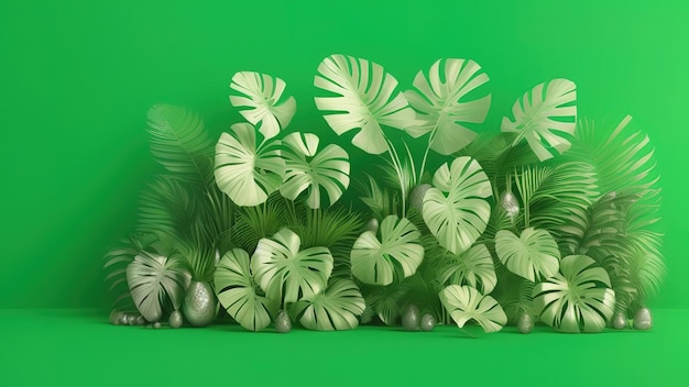 Abstract paper tropical leaves monstera palm green background\
minimal style 3d render