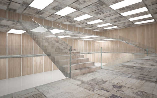 Abstract parametrisch interieur van beton en hout met raam. 3D illustratie en weergave.