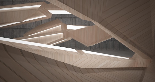 Abstract parametrisch interieur van beton en hout met venster 3D illustratie en weergave