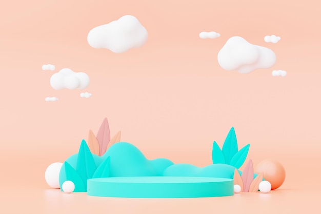 Abstract Pastel of nature flowers leaves and tree plants with Podium stand platform Cute Cartoon natural landscape background Scene of spring colorful plants with minimal design 3D Render