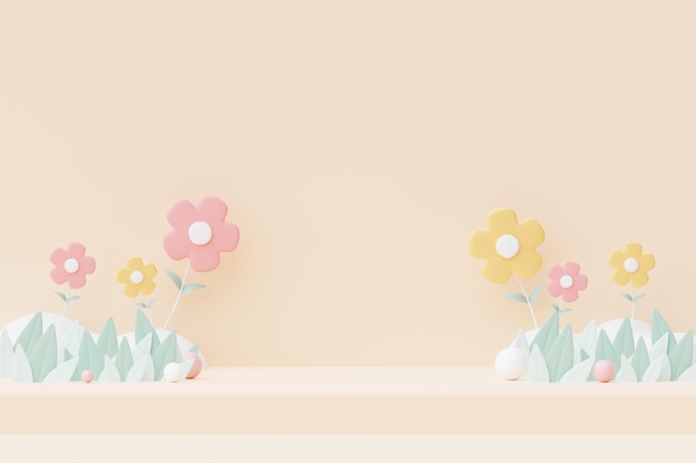 Abstract Pastel of nature flowers leaves and tree plants with Podium stand platform Cute Cartoon natural landscape background Scene of spring colorful plants with minimal design 3D Render