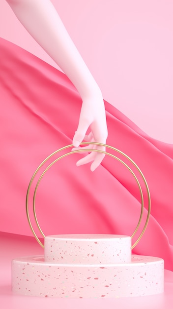 Abstract pastel pink with hand, fabric and pedestal. Tie vertical banner template with space for text. Trendy surreal composition.