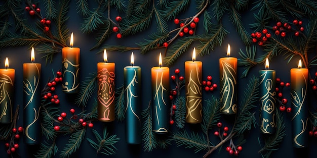 Abstract pattern of candles and christmas tree branches festive background High quality illustration