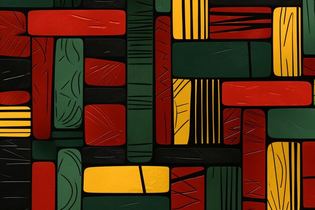 an abstract pattern made of blocks of green black red and yellow in the style of igbo ibo art