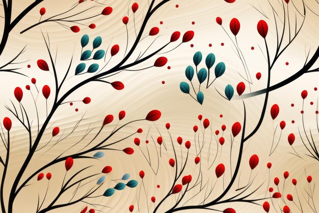 an abstract pattern with red and blue flowers on a beige background