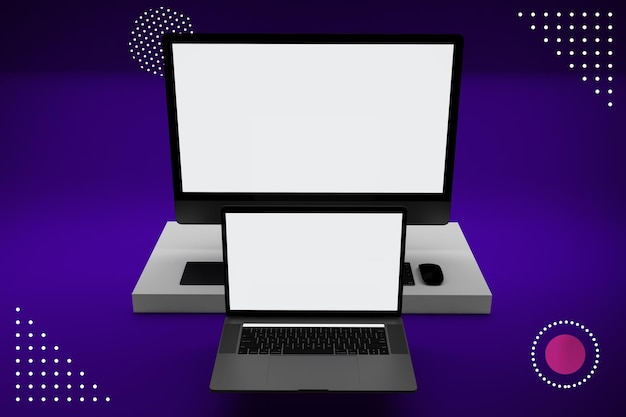 Абстрактная лицевая сторона ПК и ноутбука на фиолетовом фоне
