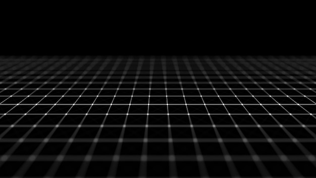 レトロなスタイルの抽象的な遠近グリッドデジタル背景黒の背景3dレンダリングのワイヤーフレーム風景