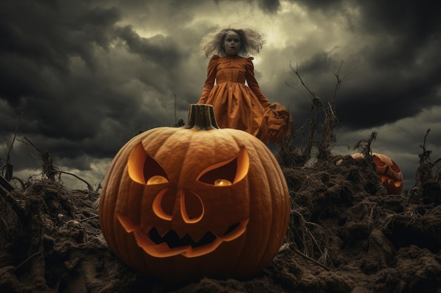 Abstract photo with pumpkin on dark foggy background