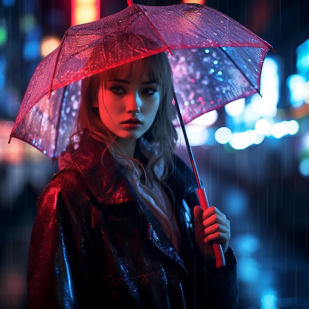Abstract photography portrait of a girl with an umbrella rainy night in the city style