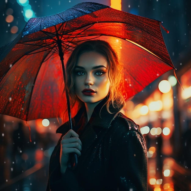 Abstract photography portrait of a girl with an umbrella rainy night in the city style