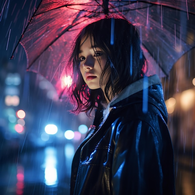 Abstract photography portrait of a girl with an umbrella rainy night in the city style